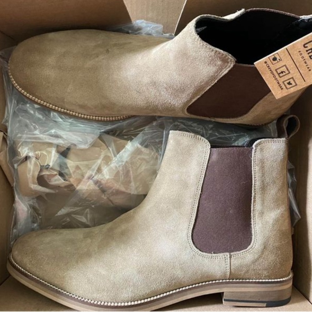 mens Crevo chelsea boots in taupe suede, size 13.
